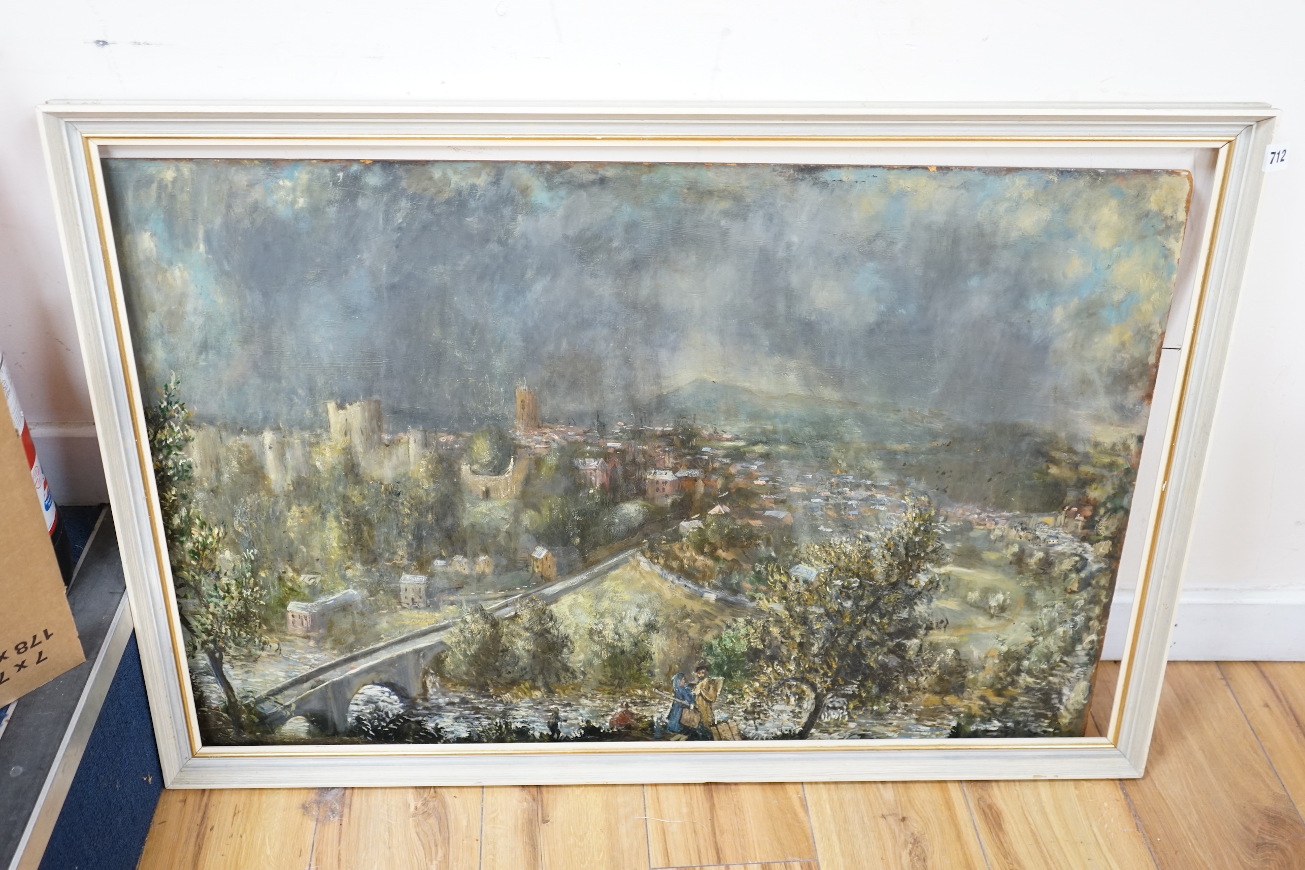 Anthony Kerr (b.1924), oil on board, panoramic view of Ludlow, signed, 59 x 90cm. Condition - fair, loose within the frame